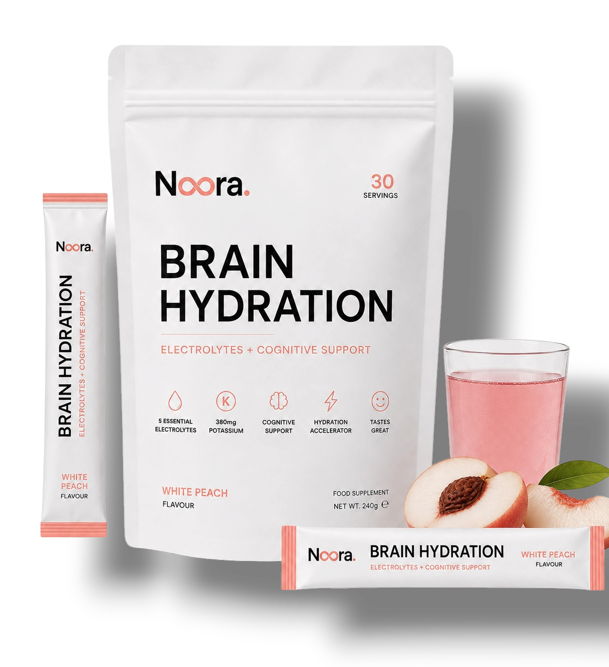 Noora Brain Hydration — White Peach | Electrolyte + Nootropic Focus Drink Mix