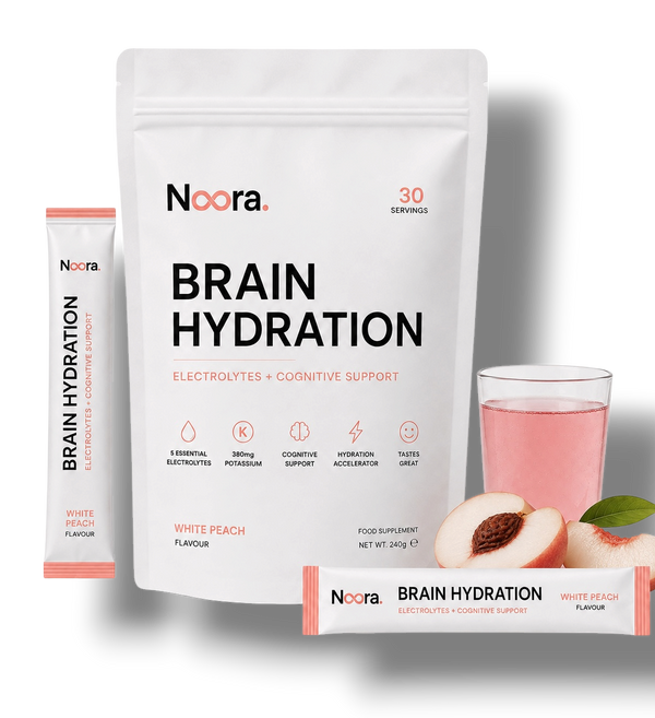 Noora Brain Hydration — White Peach | Electrolyte + Nootropic Focus Drink Mix