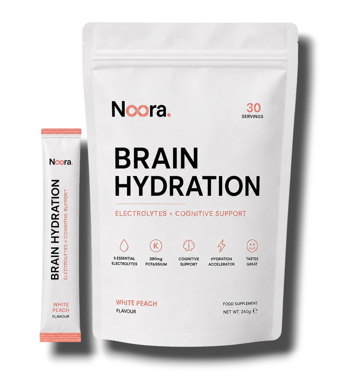 Noora Brain Hydration — White Peach | Electrolyte + Nootropic Focus Drink Mix