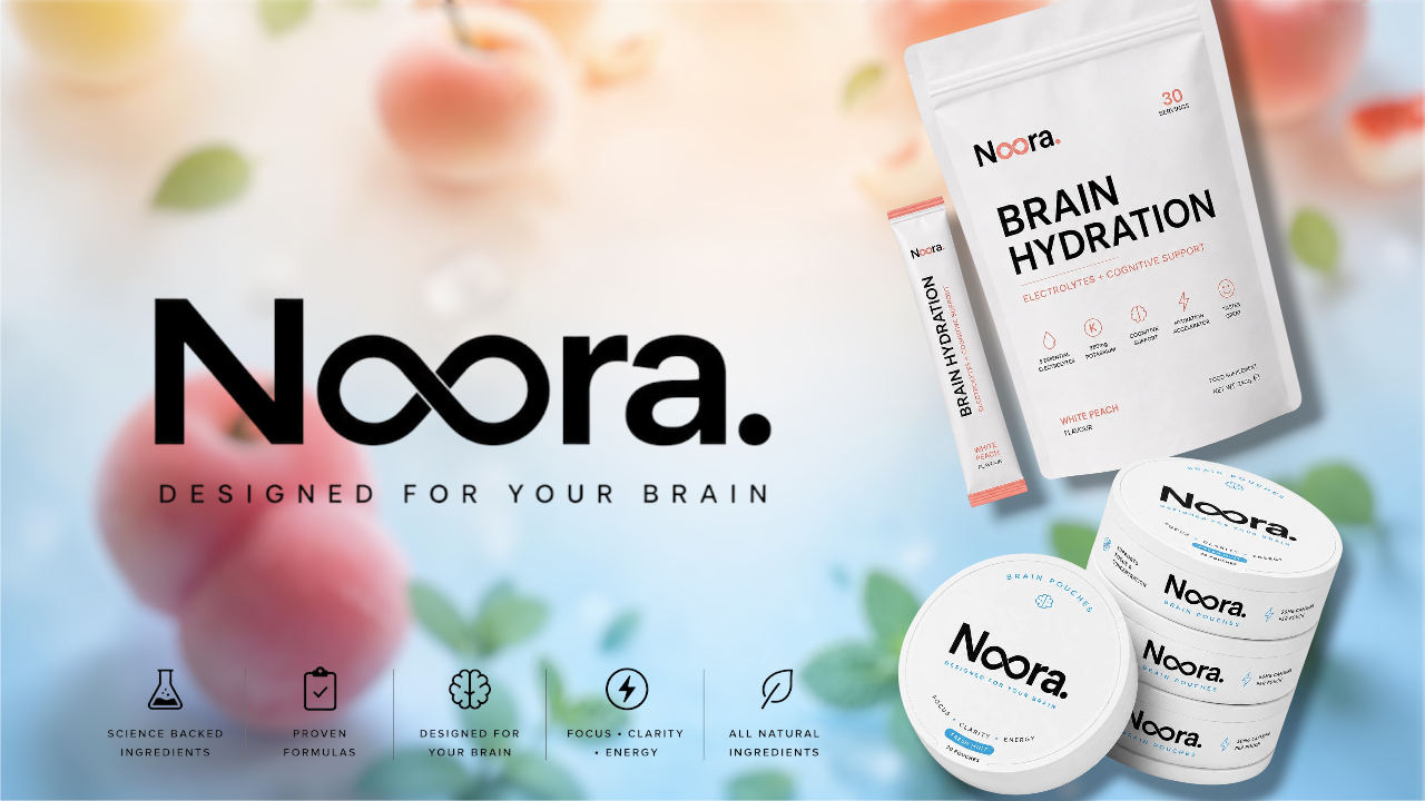 Noora dietary supplement products including a Brain Hydration pouch, a single stick pack, and two jars of Noora Focus + Clarity capsules, displayed on a soft-focus background with fruit and the brand name 'Noora. DESIGNED FOR YOUR BRAIN'.